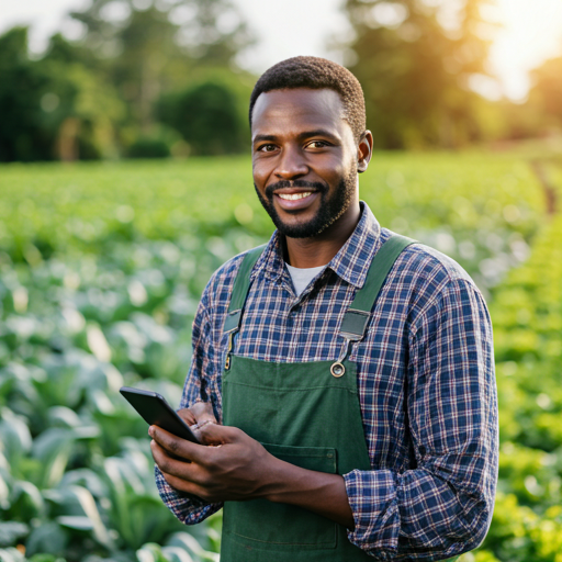 Smiling African farmer holding a smartphone in the field